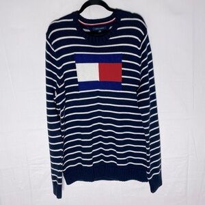 Tommy Hilfiger Blue White Striped Knit Crewneck Sweater W Big Flag Logo XL